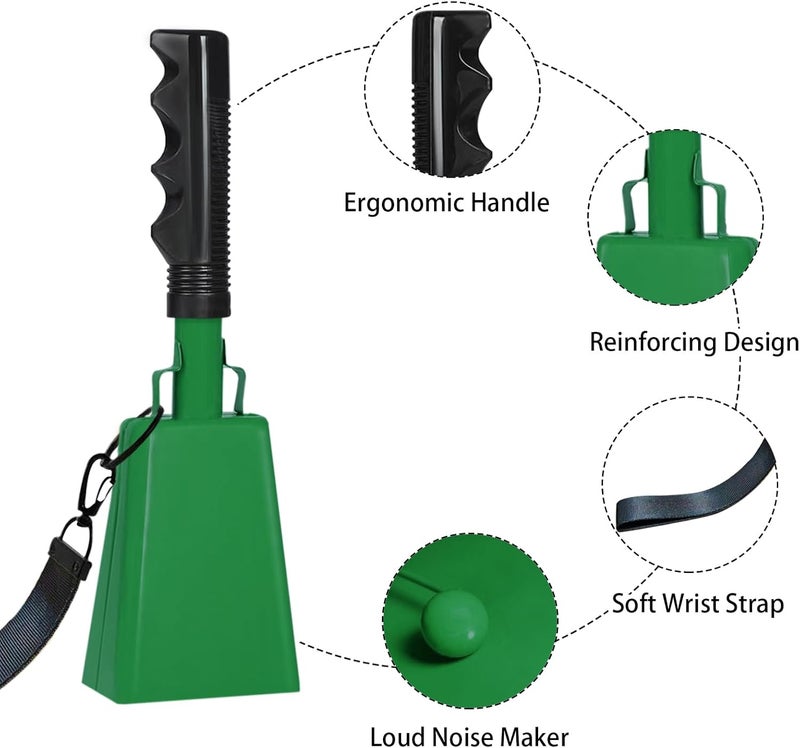 HEYLEAYAR 10Inch Cowbells with Handle for Sporting Events, 2Pcs Large Cow Bells with Wrist Straps, Loud Noise Makers for Cheering Football Games Spirit Marathon Weddings Party Noisemakers, Green - Image 3